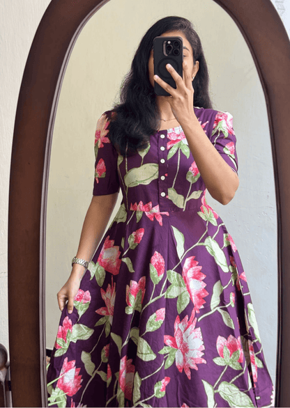 Elegant Lotus Bloom Soft Cotton Floral Dress