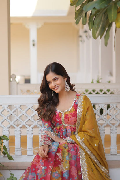 Digital Printed Embroidery Anarkali Suit with matching Dupatta - Breathable and gives festive vibes, perfect for festive seasons