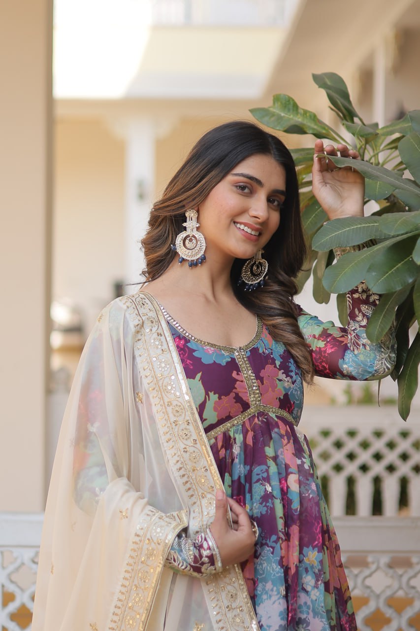 Digital Printed Embroidery Anarkali Suit with matching Dupatta - Breathable and gives festive vibes, perfect for festive seasons