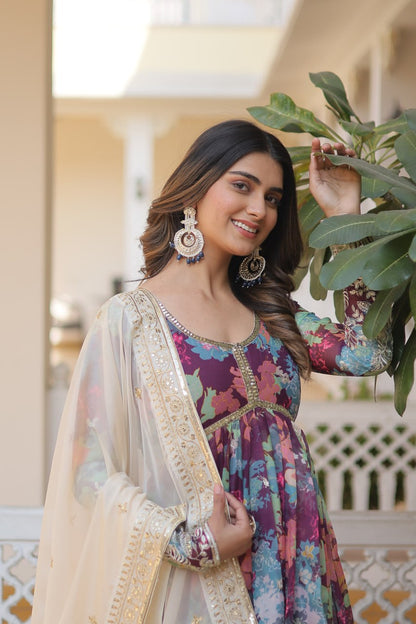 Digital Printed Embroidery Anarkali Suit with matching Dupatta - Breathable and gives festive vibes, perfect for festive seasons