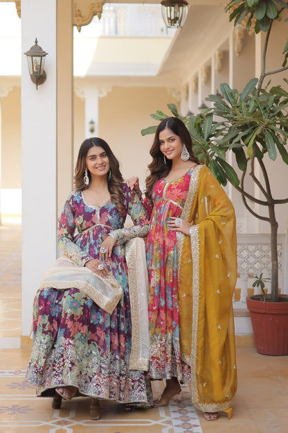Digital Printed Embroidery Anarkali Suit with matching Dupatta - Breathable and gives festive vibes, perfect for festive seasons