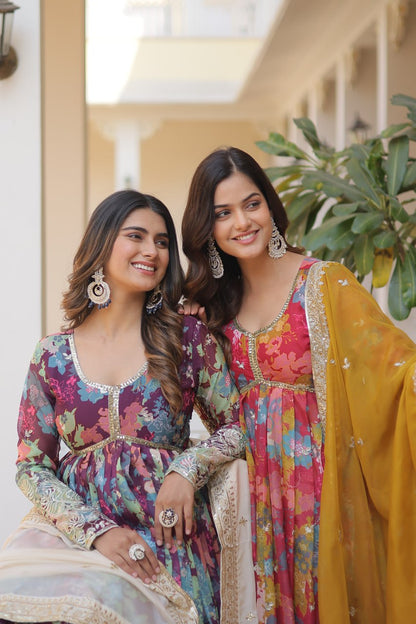 Digital Printed Embroidery Anarkali Suit with matching Dupatta - Breathable and gives festive vibes, perfect for festive seasons